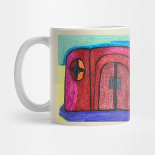 Red House with Blue Sky and Violet, Sand and Green Mug